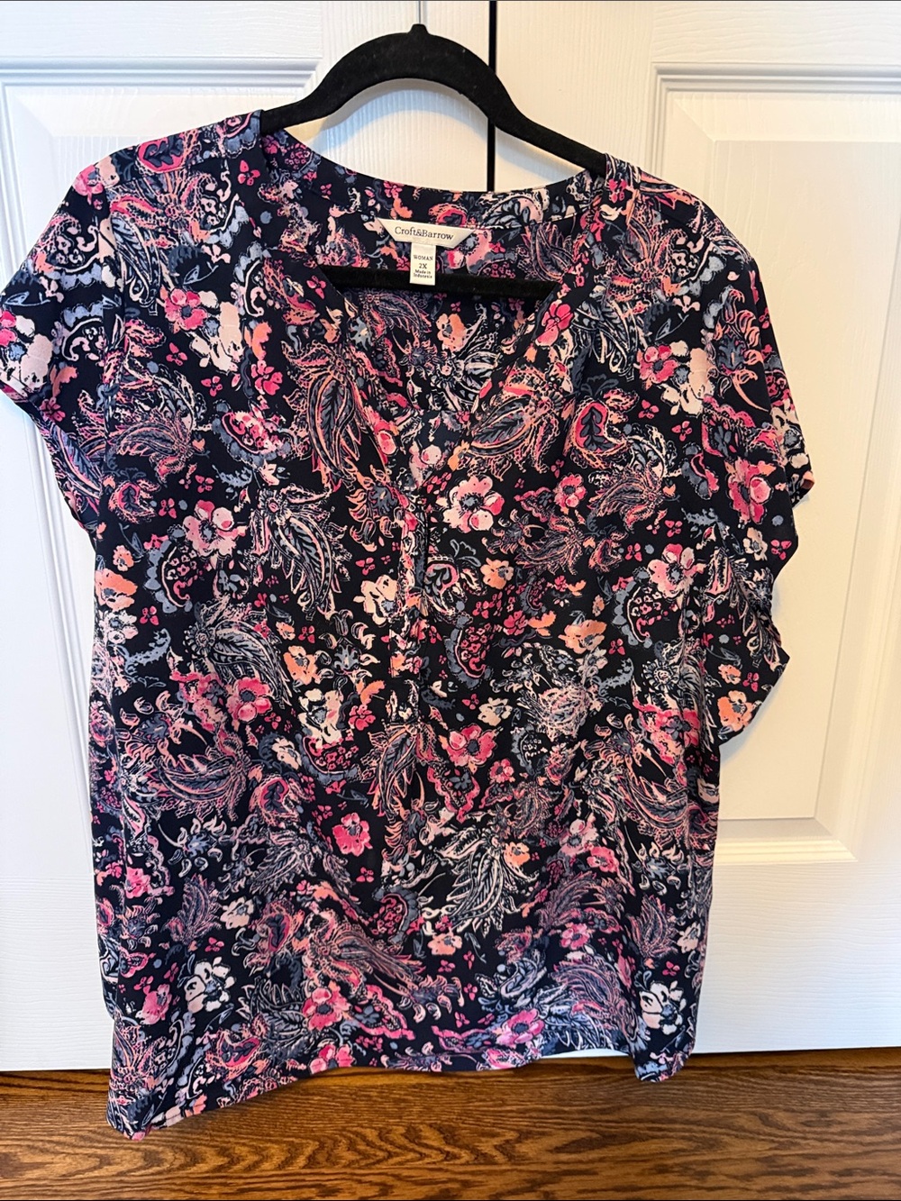 croft & barrow Navy Floral Paisley Blouse with Pink Accents